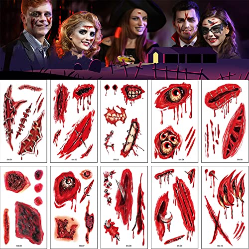 20 Piezas Tatuajes Temporales Halloween, Maquillaje Halloween Kit, Pegatinas Cara Halloween, Temporary Tattoo Halloween, Tatuajes Halloween Heridas Falsa Joker Tatuajes Cicatrices Maquillaje Carnaval