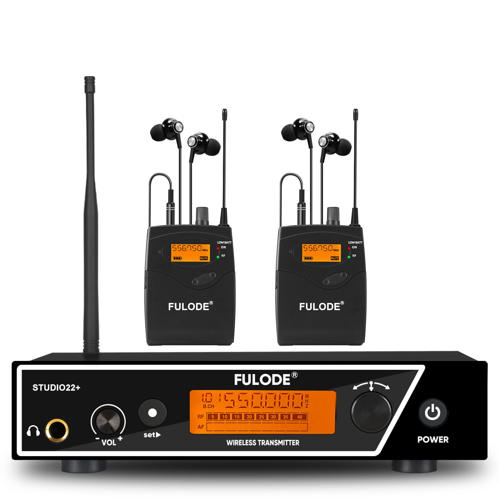 Sistema de monitor intraural, UHF inalámbrico mono IEM con transmisor de montaje en rack de metal, 2 receptores de cuerpo y auriculares de monitoreo intraural, 100 frecuencias, rango de 262