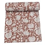 Marubhumi Indian Handmade Traditional Hippie Floral Print Kantha Quilt Indian Cotton Bedding Throw Blanket Bespread Hand Stitched with Love (Brown, King (108