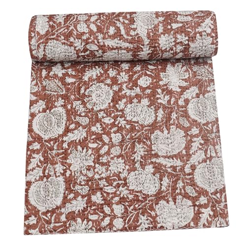 Marubhumi Indian Handmade Traditional Hippie Floral Print Kantha Quilt Indian Cotton Bedding Throw Blanket Bespread Hand Stitched with Love (Brown, King (108