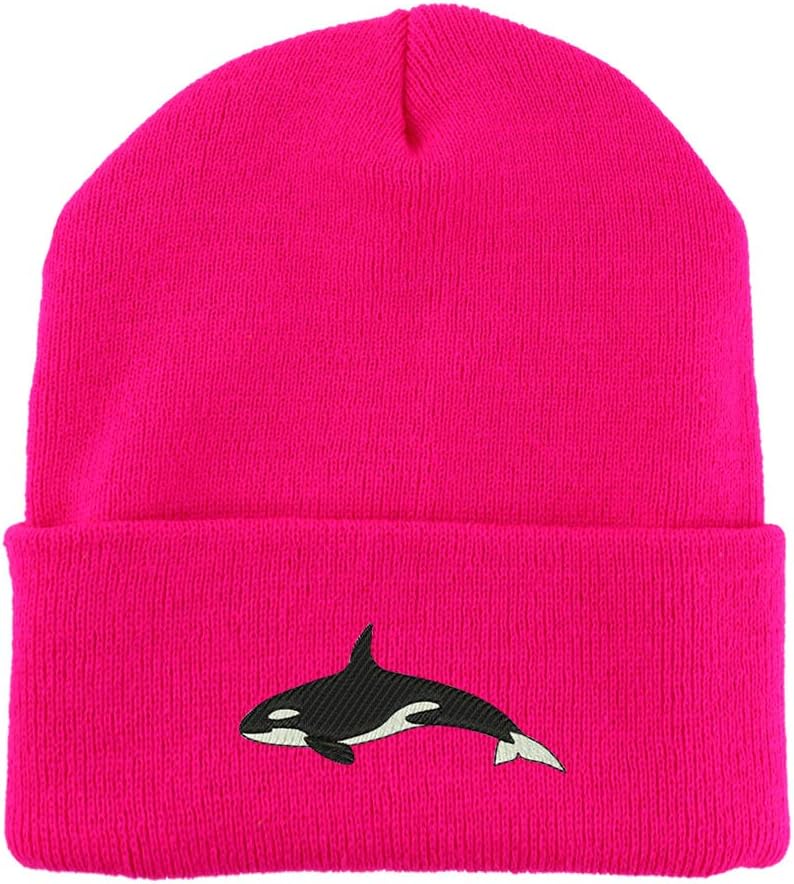 Trendy Apparel Shop Orca Killer Whale Embroidered Made in USA Cuff Folded Acylic Knit Winter Beanie Hat