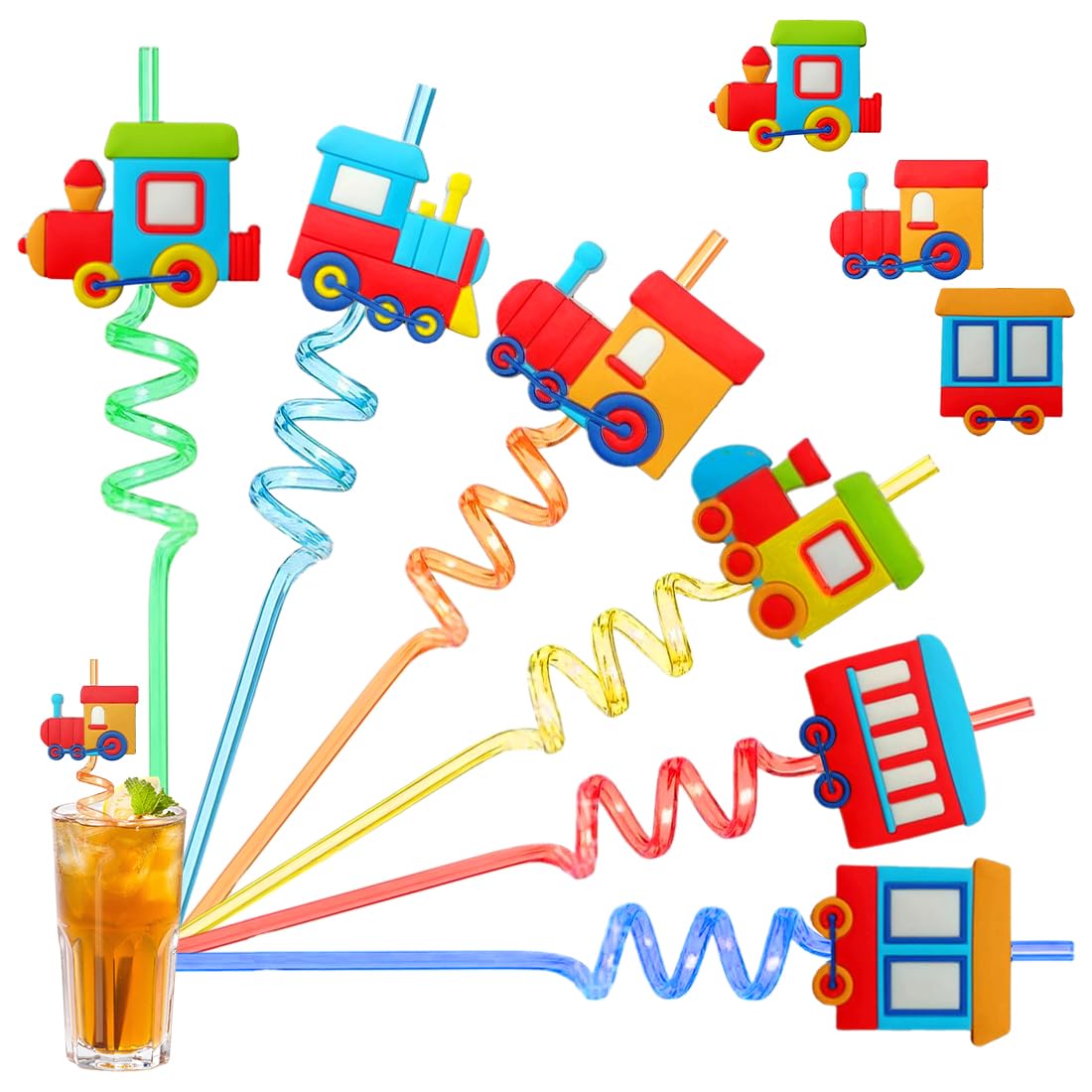 6 Pack Curled Straws Train Straws Reusable Straws Suitable for Kids Birthday Party Supplies Family Party Decorations