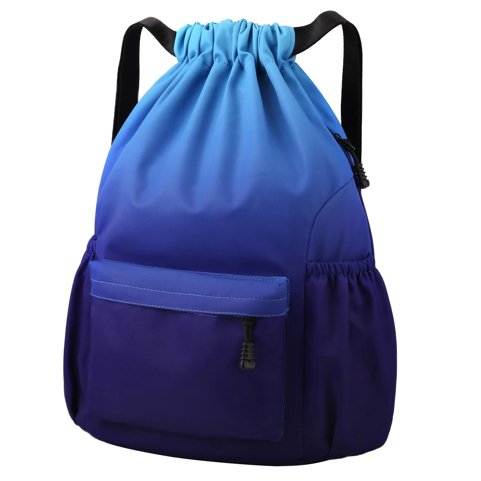 Pystuvo Drawstring Gym Bag, Large Drawstring Bags with Mesh Pockets Water, Nylon Waterproof Drawstring Gym Bag with Outside Zipper for Sports Holidays, Cyan-blue Gradient