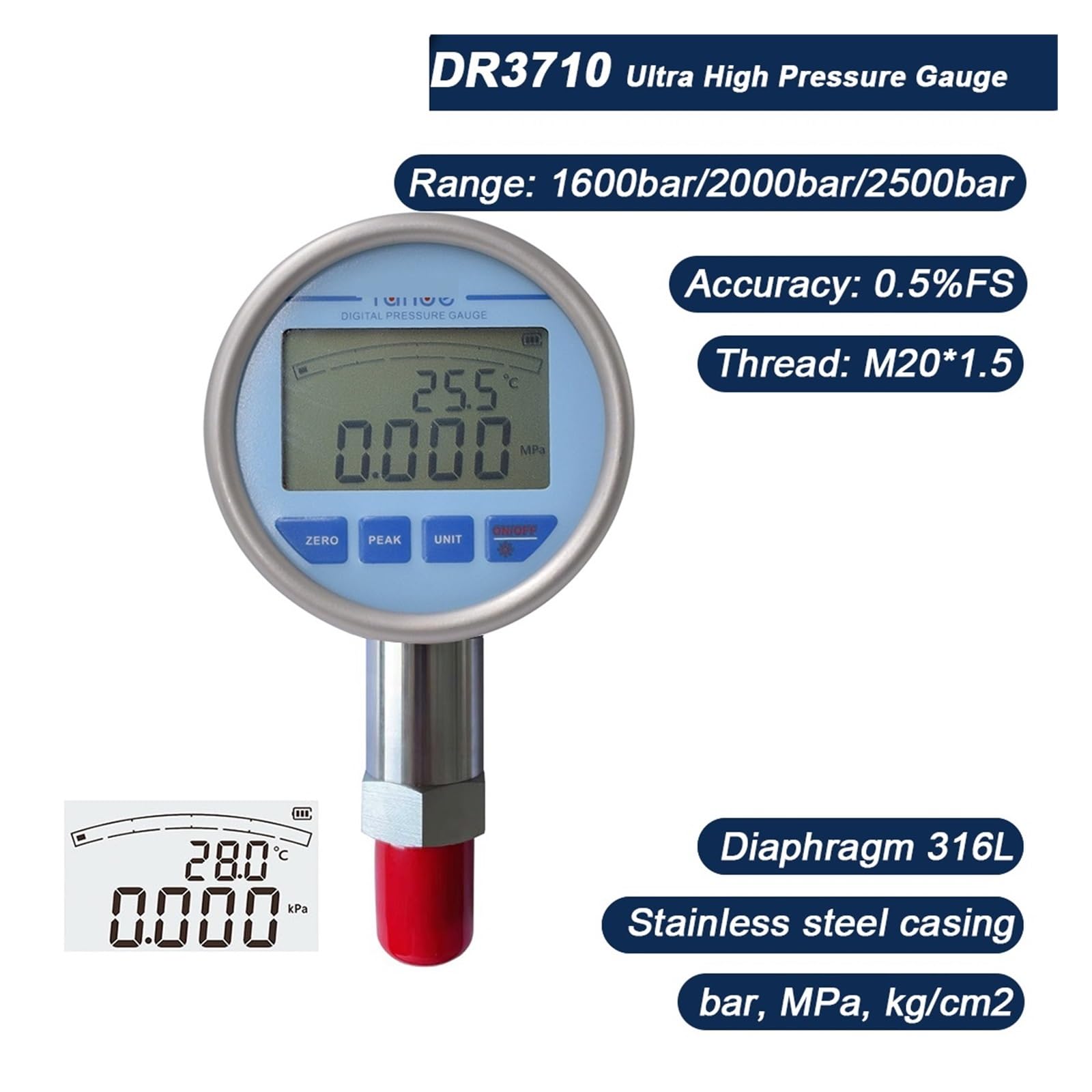 Digitales Manometer, 2000/2500 bar, Hochdruckmessgerät, 316L-Edelstahlgehäuse, Hintergrundbeleuchtung, M20-1,5-Stecker(2500bar)