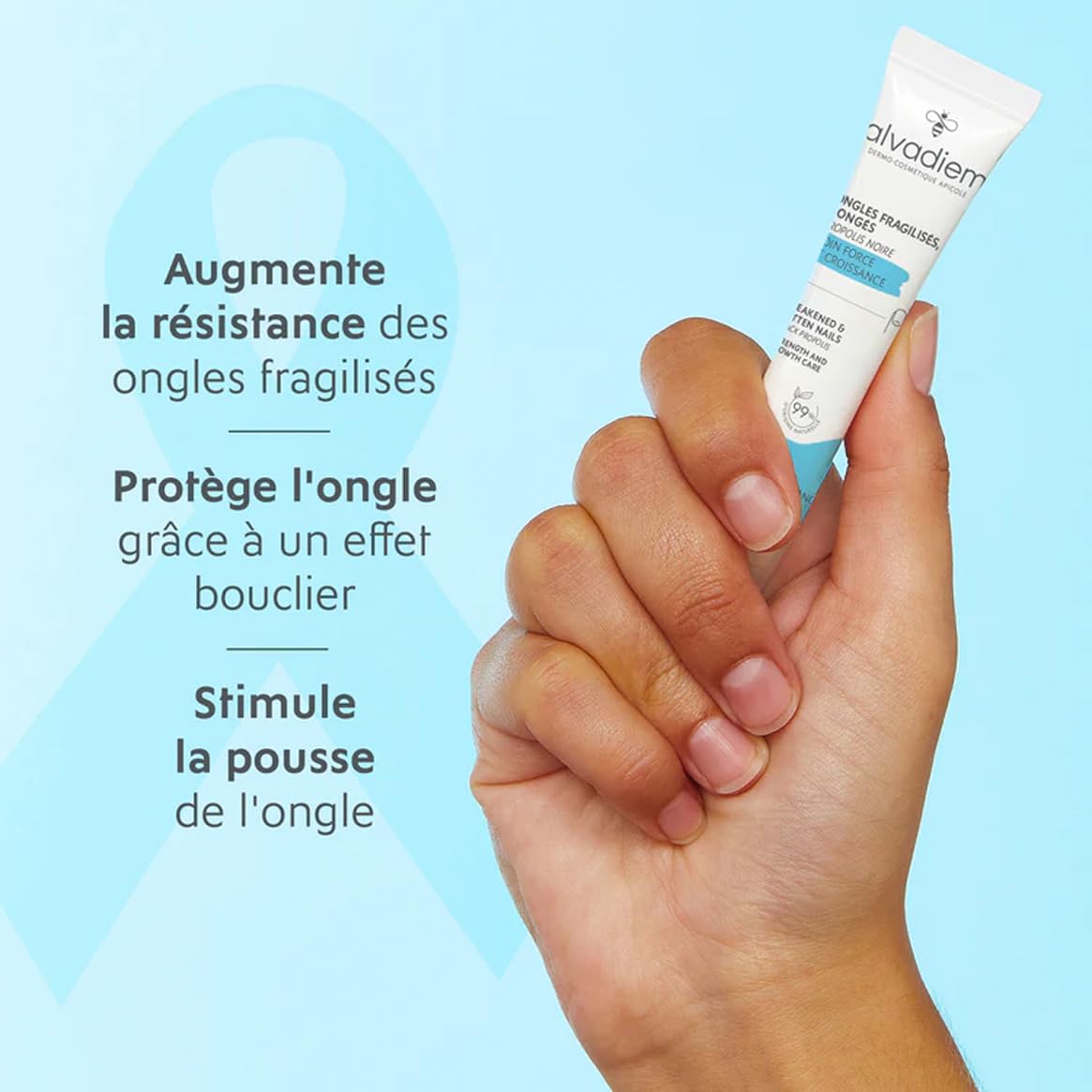 Alvadiem | Soin Ongles Force et Croissance Ongles Mous, Fragiles, Rongés | Fortifie, Protège et Accélère la Repousse | Propolis Noire, Lupin Blanc, Huile de Baobab Bio | Fabriqué en France | 10 ml