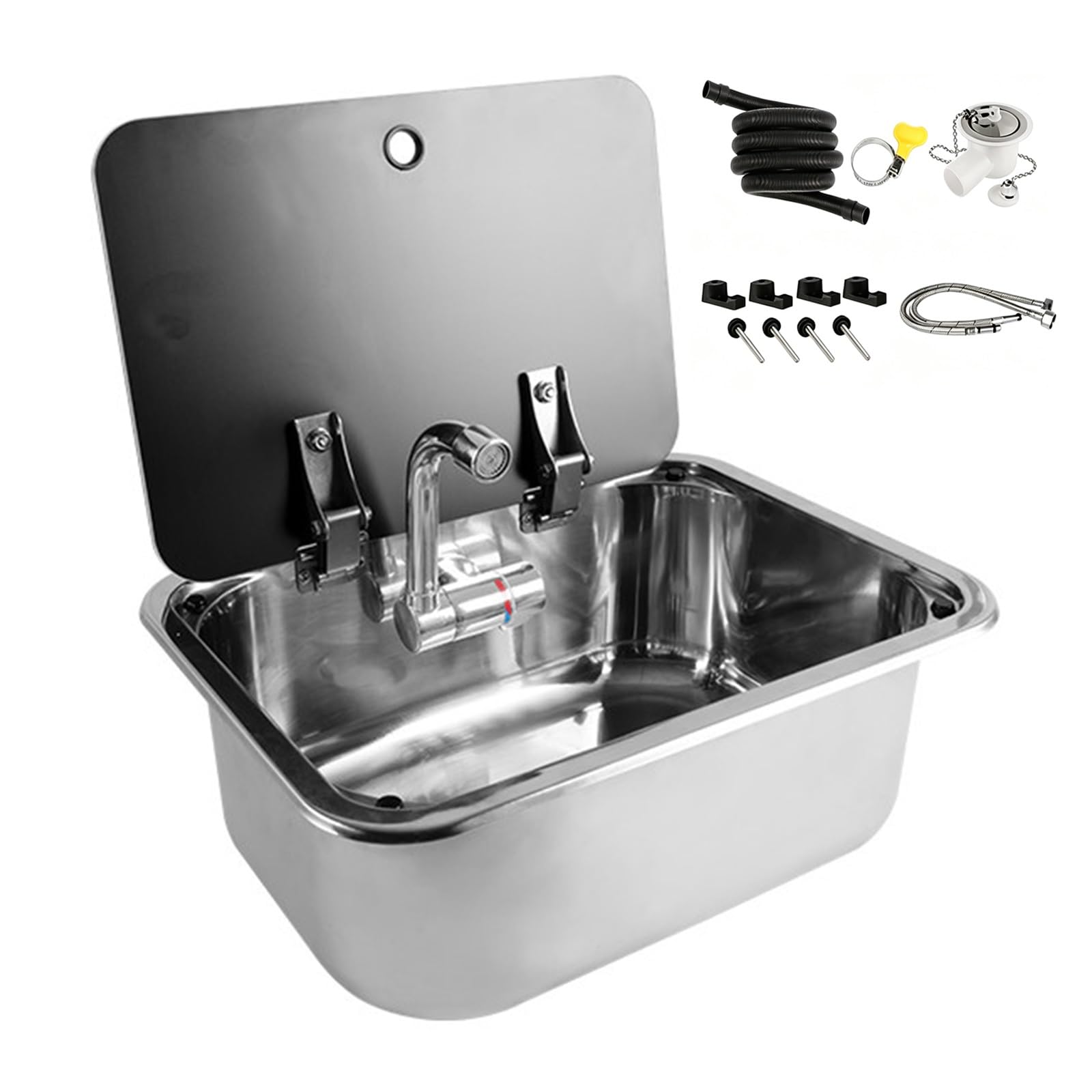 Fregadero de cocina con grifo combinado, acero inoxidable 304, cubierta oculta para caravana, caravana, barco, diseño que ahorra espacio (38 x 27,7 x 14,5 cm)