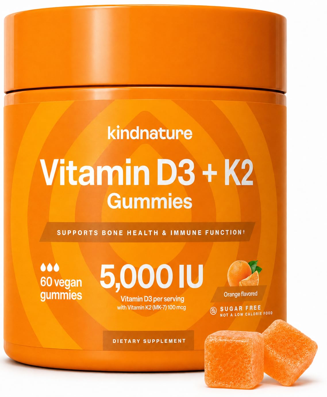 kindnature Vitamin D3 K2 Gummies, 5,000 IU D3 + 100 mcg K2 MK-7 per 2-Gummy Serving, Orange Flavor, 60 Gummies