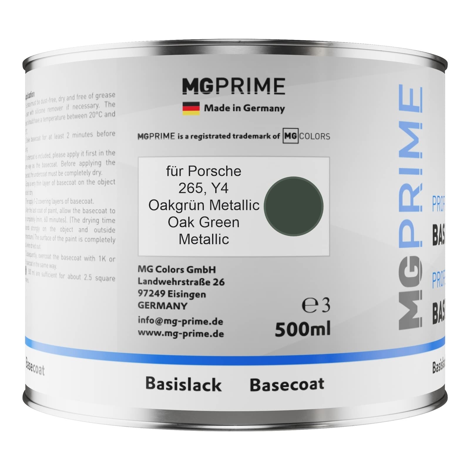 MG PRIME Autolack Dosen Set für Porsche 265 / Y4 Oakgrün Metallic 1,25L | Oak Green Metallic, Set aus Basislack + 2K Klarlack + Härter, Literware, spritzfertig