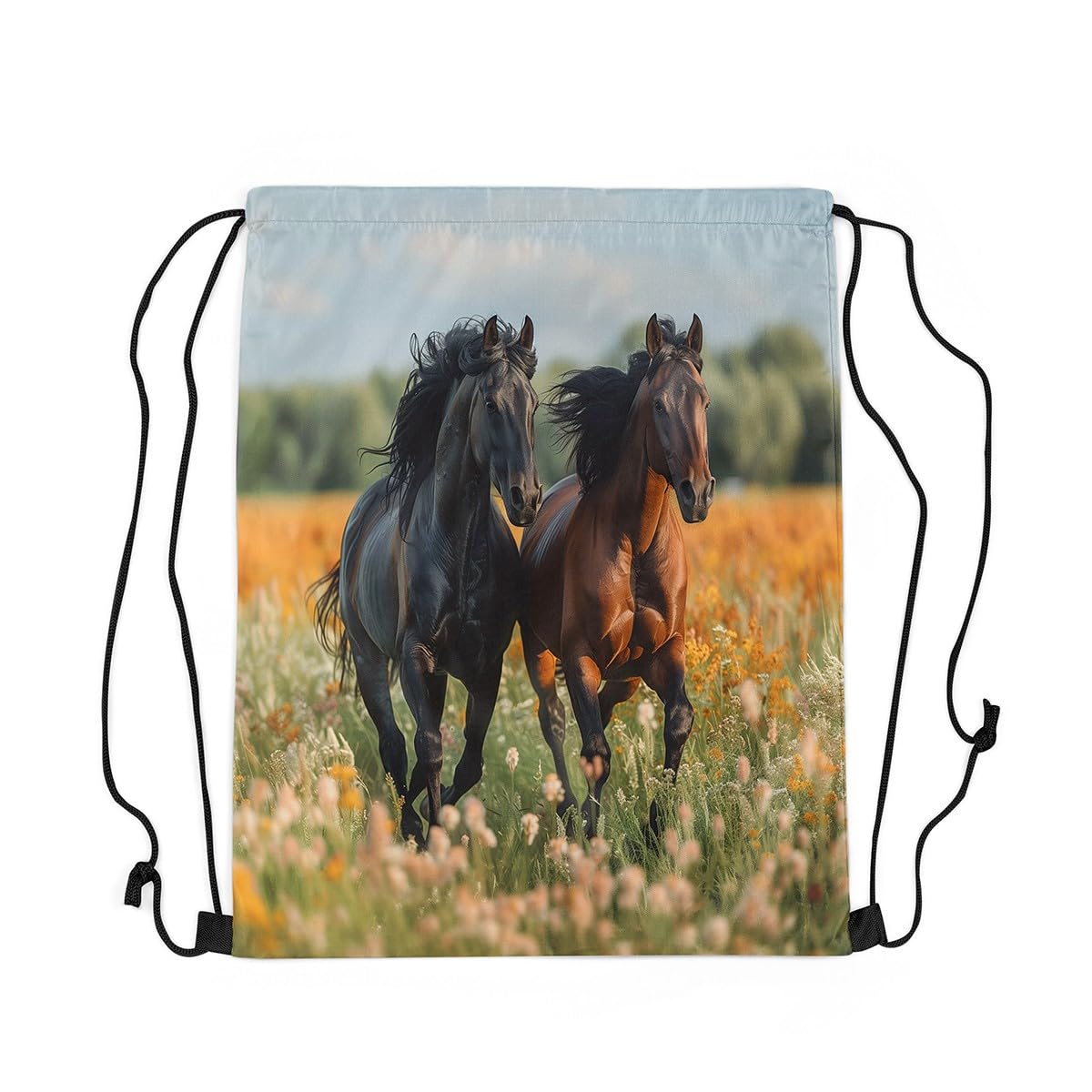 Loussiesd Black Brown Horse Sports Drawstring Sackpack Farmhouse Horse Drawstring Backpack 40x33cm Horse Floral Gym String Bag Set Farm Animal Drawstring Bags