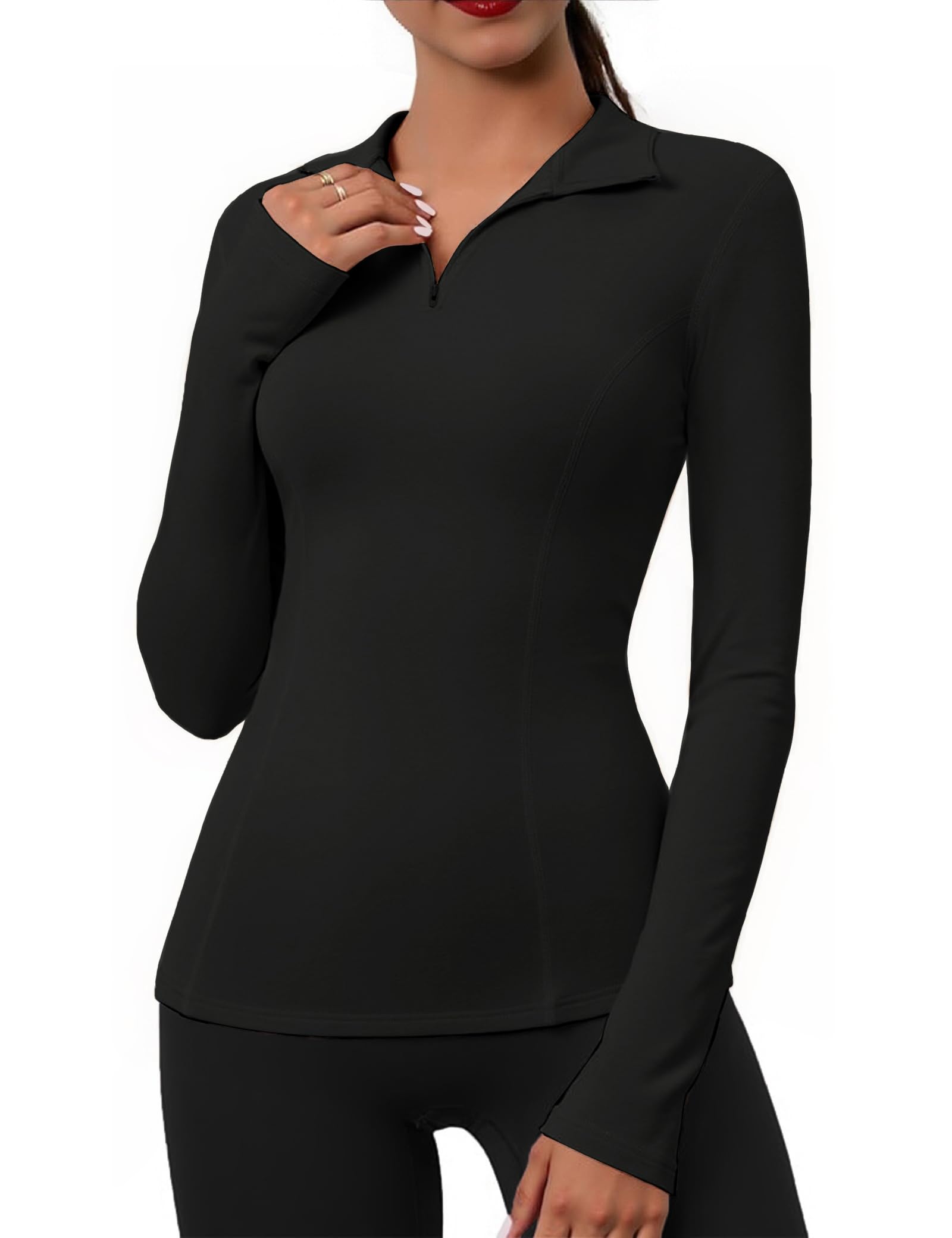 Gyabnw Haut Thermique Femme Manche Longue T-Shirt Chaud Col Roulé Tee Shirt sous Vêtements Thermiques Maillot de Corps Base Haut Sport Ski pour Automne Hiver