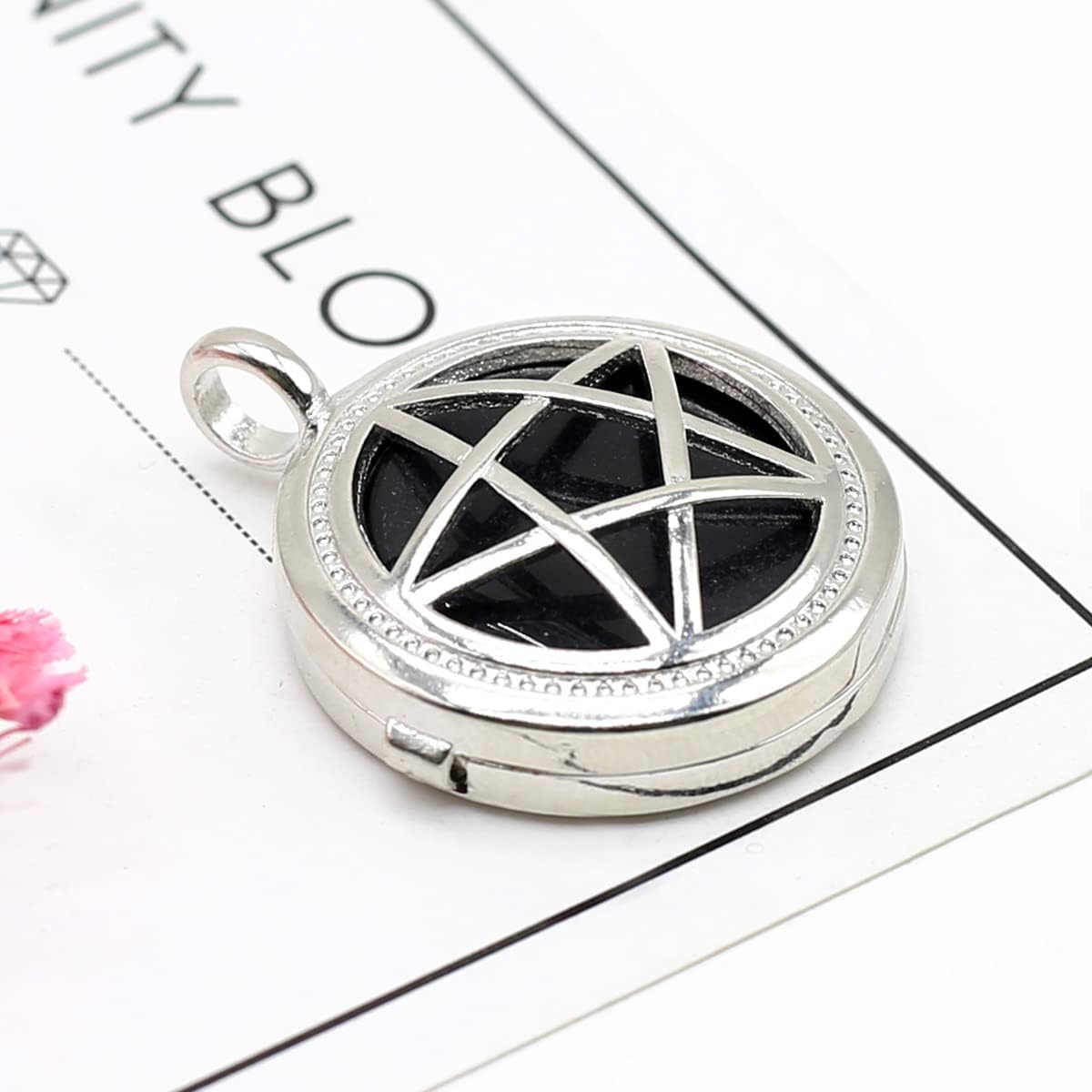 LHJ 5 Pcs Natural Stone Pendant Round Shape Chakra Healing Crystal Agate Stone Pentagram Alloy Shield for Jewelry Making Necklace Decoration - Image 7