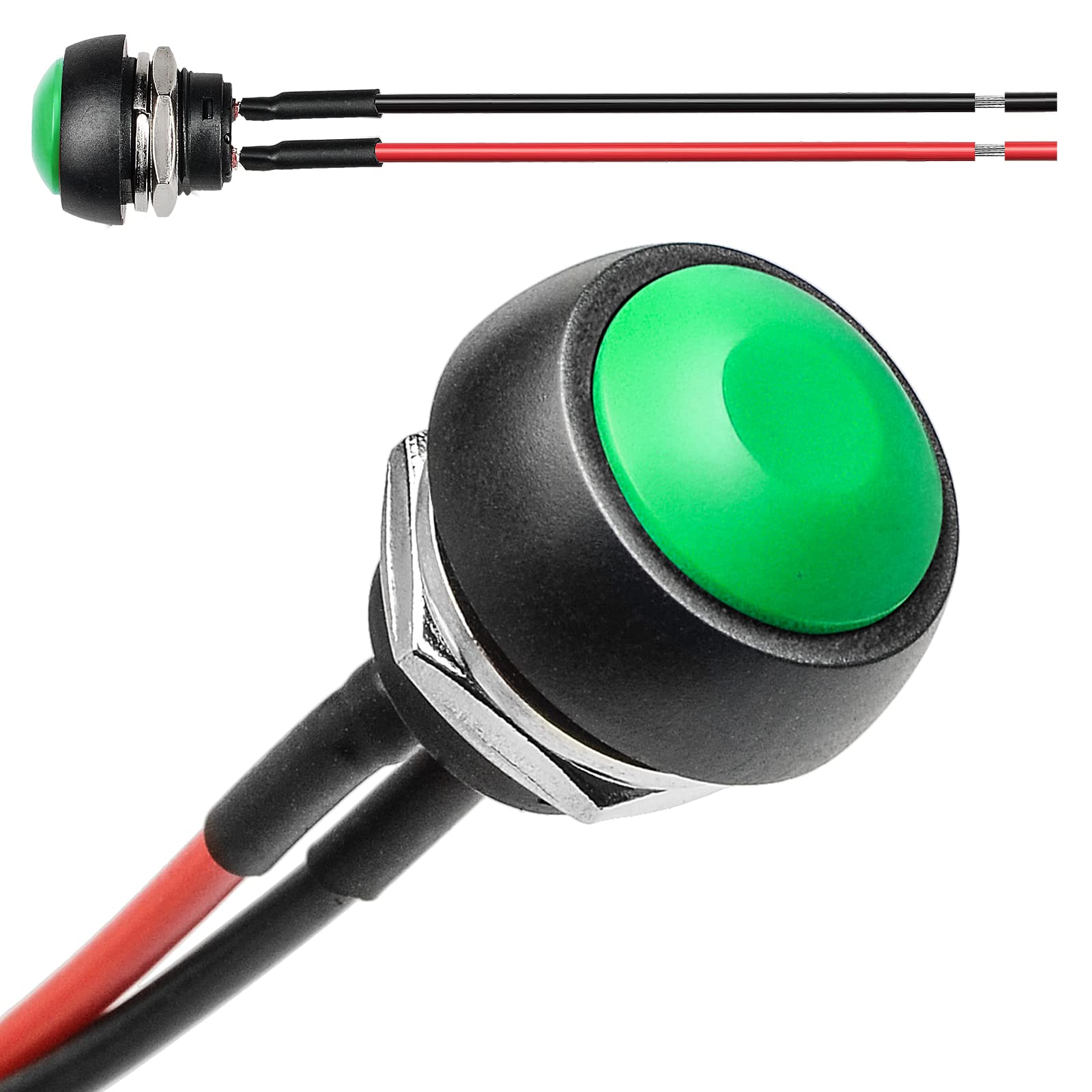 QTEATAK 1/2"(12mm) Pre-Wired Mounting Hole On/Off Green Mini Round Waterproof Momentary Push Button Switch JF-33B -2Pack