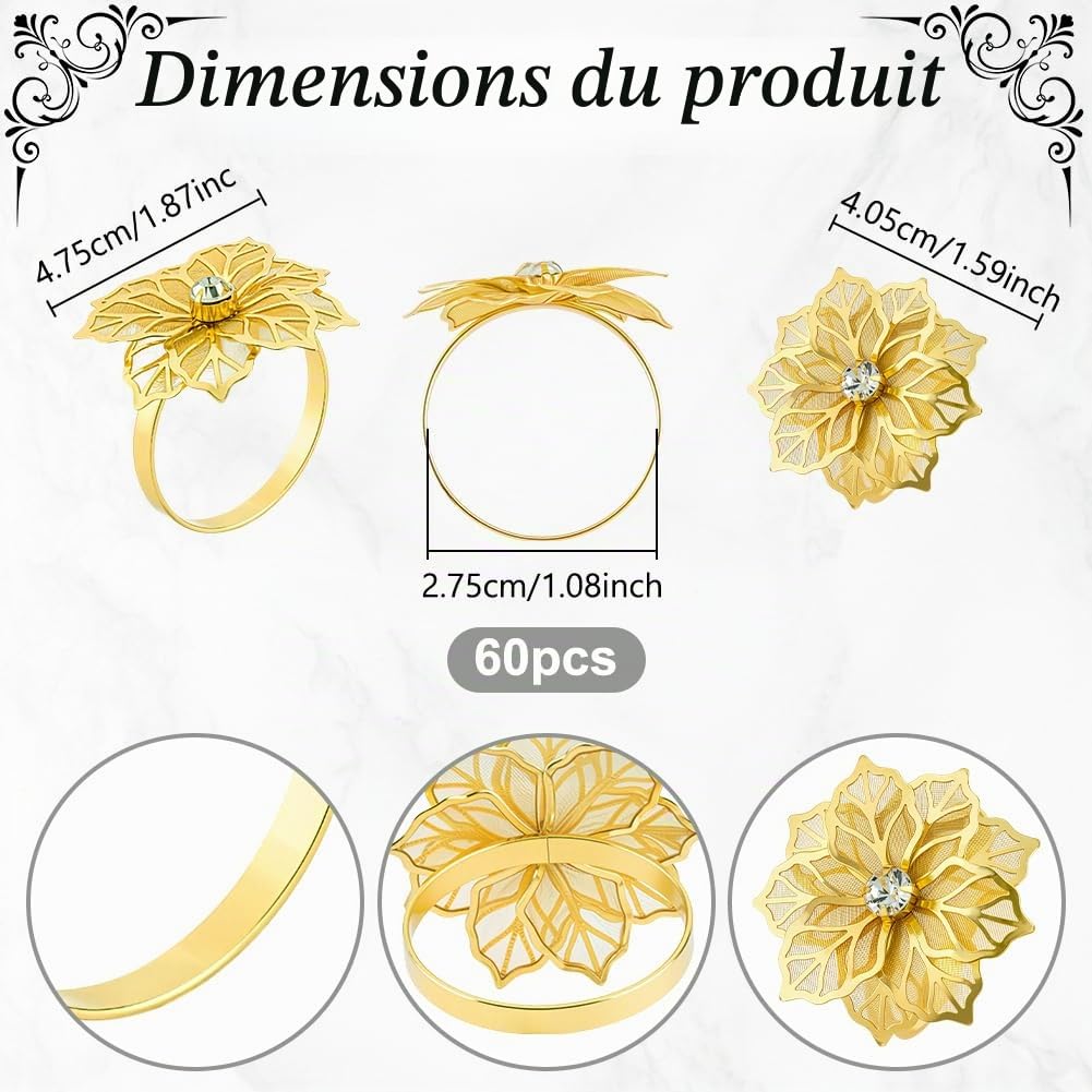 60 Rond de Serviette à Motif Floral Porte Serviettes Floral Ajouré Rond de Table Décoration de Table pour Fête Mariage Banquet Noël Réunions de Famille Bal de Fin D'Année