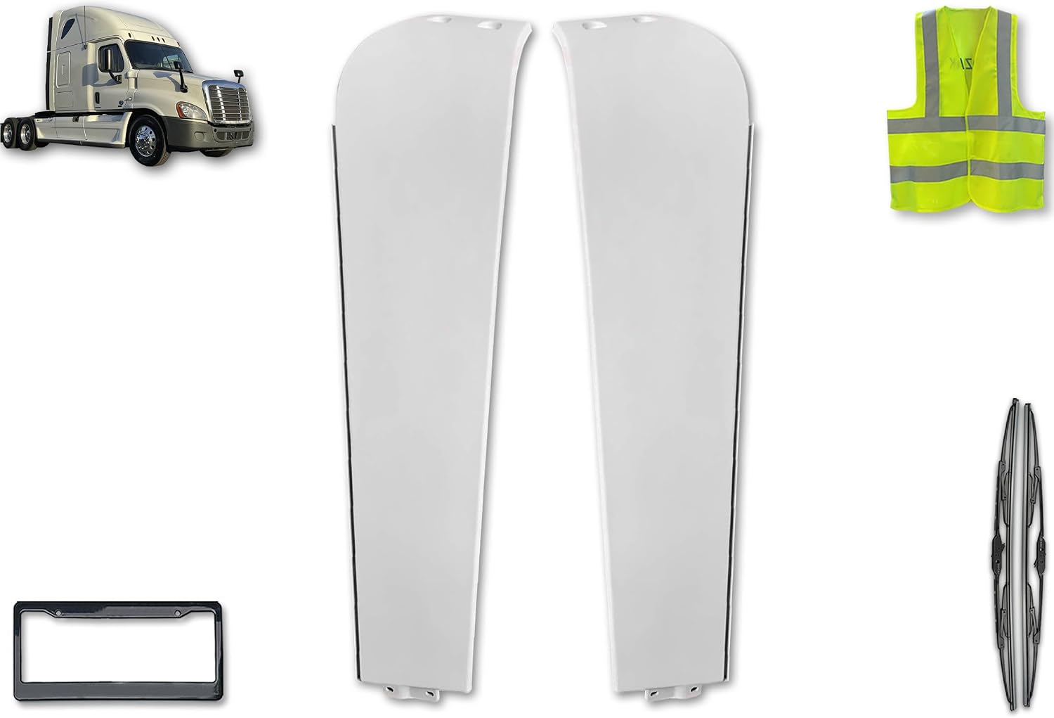 Top Cab Cabin Wing Narrow Version Fairings, Set (Right Passenger and Left Driver Side), Compatible with Freightliner Cascadia 2008-2017, Includes Logo, 2X 22 Wipers, License Plate Frame, and Vest