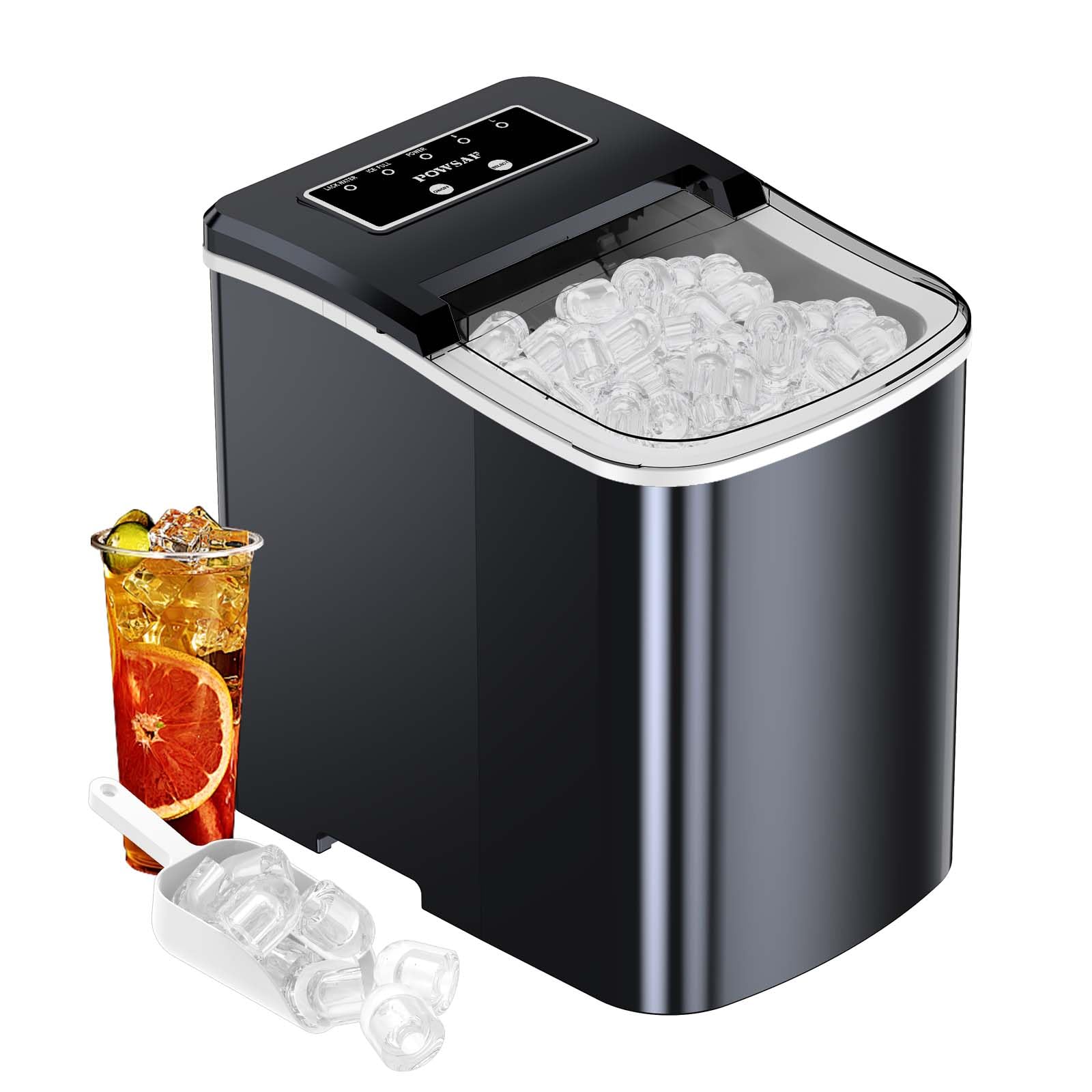 POWSAF Macchina Ghiaccio, per il Ghiaccio Autopulente, 12kg/24h, 9 Cubetti in 8 min, Ghiaccio Casa con Paletta e Cestello, per Casa/Ufficio/Campeggio, Nero