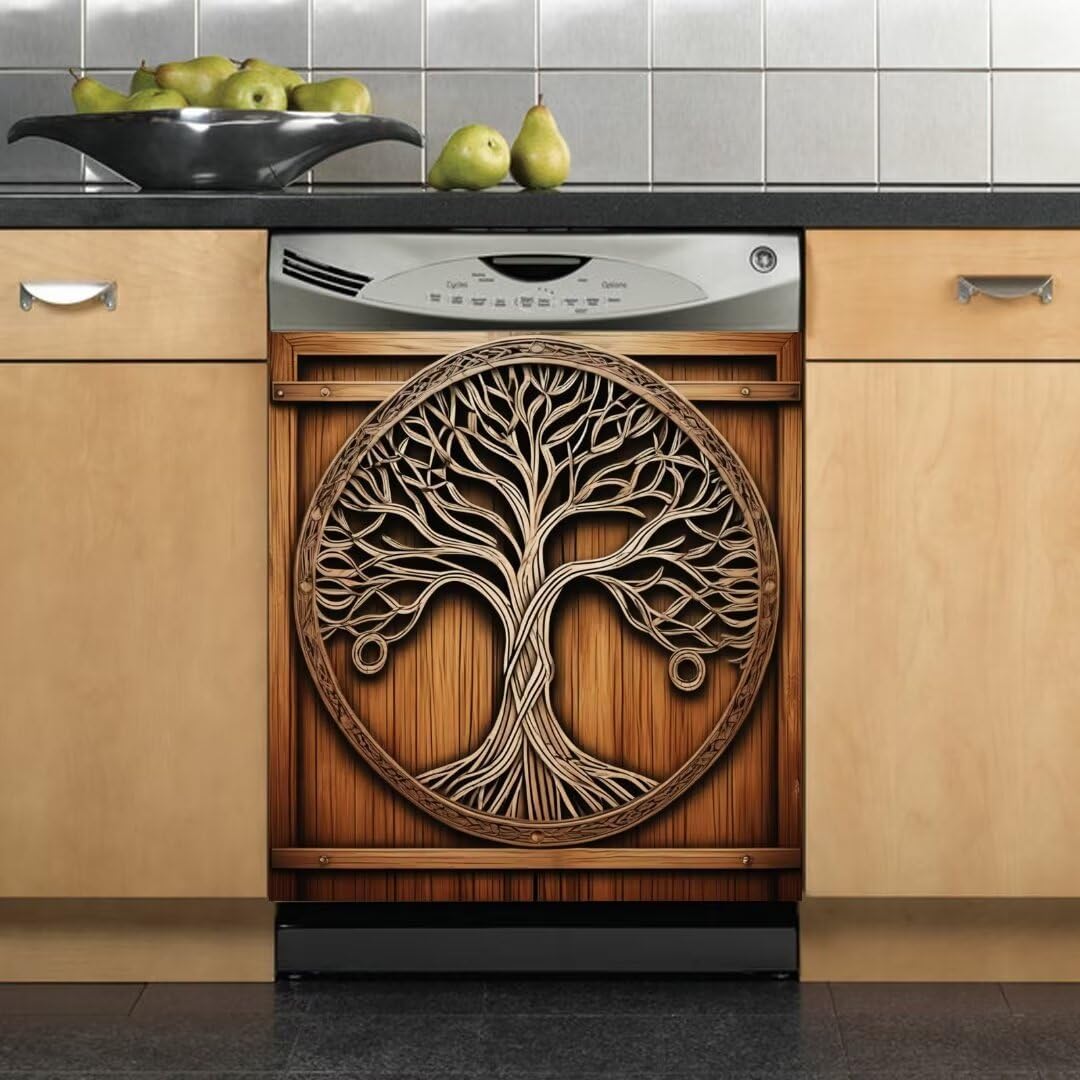 Barn Door Tree of Life Magnet Dishwasher Cover Decorative for Kitchen, Tree of Life Magnetic Refrigerator Skin Cover, Vintage Wood Door Home Decor Sticker - 23" x 26" Magnetic