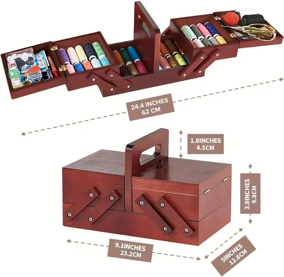 1pcs Wooden Expandable Sewing Box Sewing Kit Storage Box with Handle, Embroidery Kit Wooden Sewing Basket