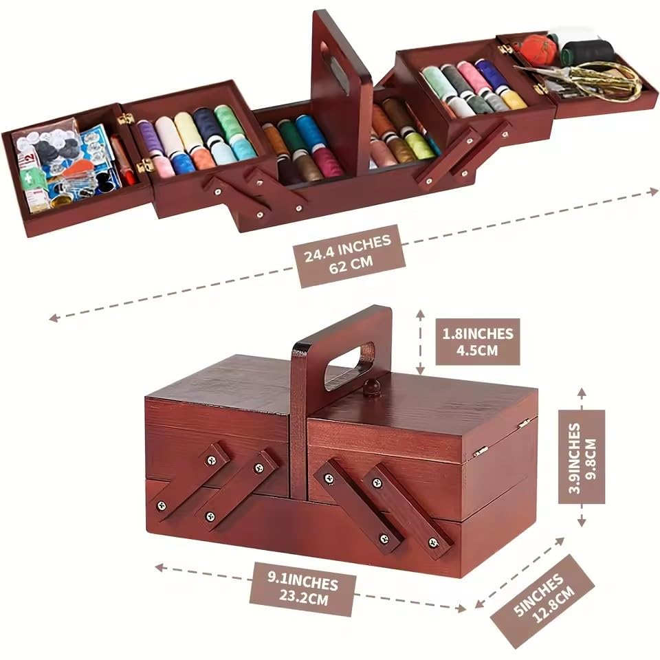 1 x erweiterbare Nähkästchen aus Holz, Nähset, Aufbewahrungsbox mit Griff, Stickset, Nähkorb aus Holz