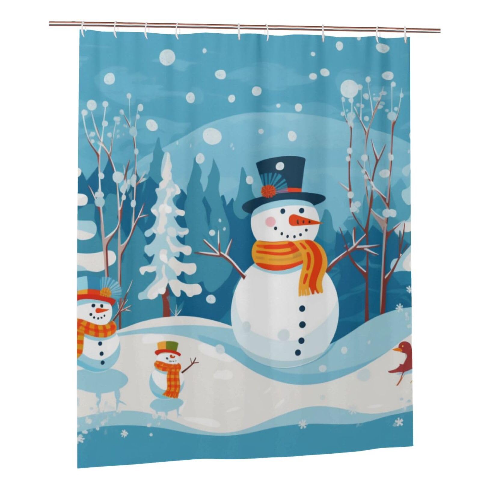 BWWHCCTI Winter Snowman Printed Shower Curtain With 12 Plastic Hooks Opaque Quick Drying Waterproof Shower Curtains Sets For Bathroom 152x183 Cm