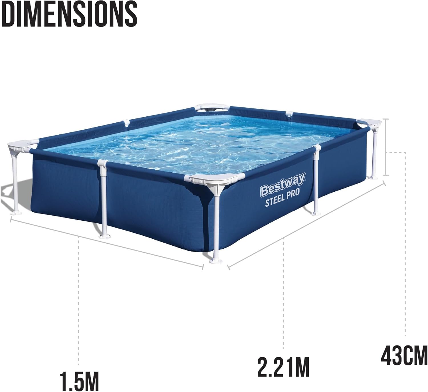 Bestway 56401 Steel Pro Pool | Swimming Pool, Rectangle Above Ground Fast Set Pool, Children’s Detachable Pool, Multiple Sizes, Blue, 221 x 150 x 43 cm