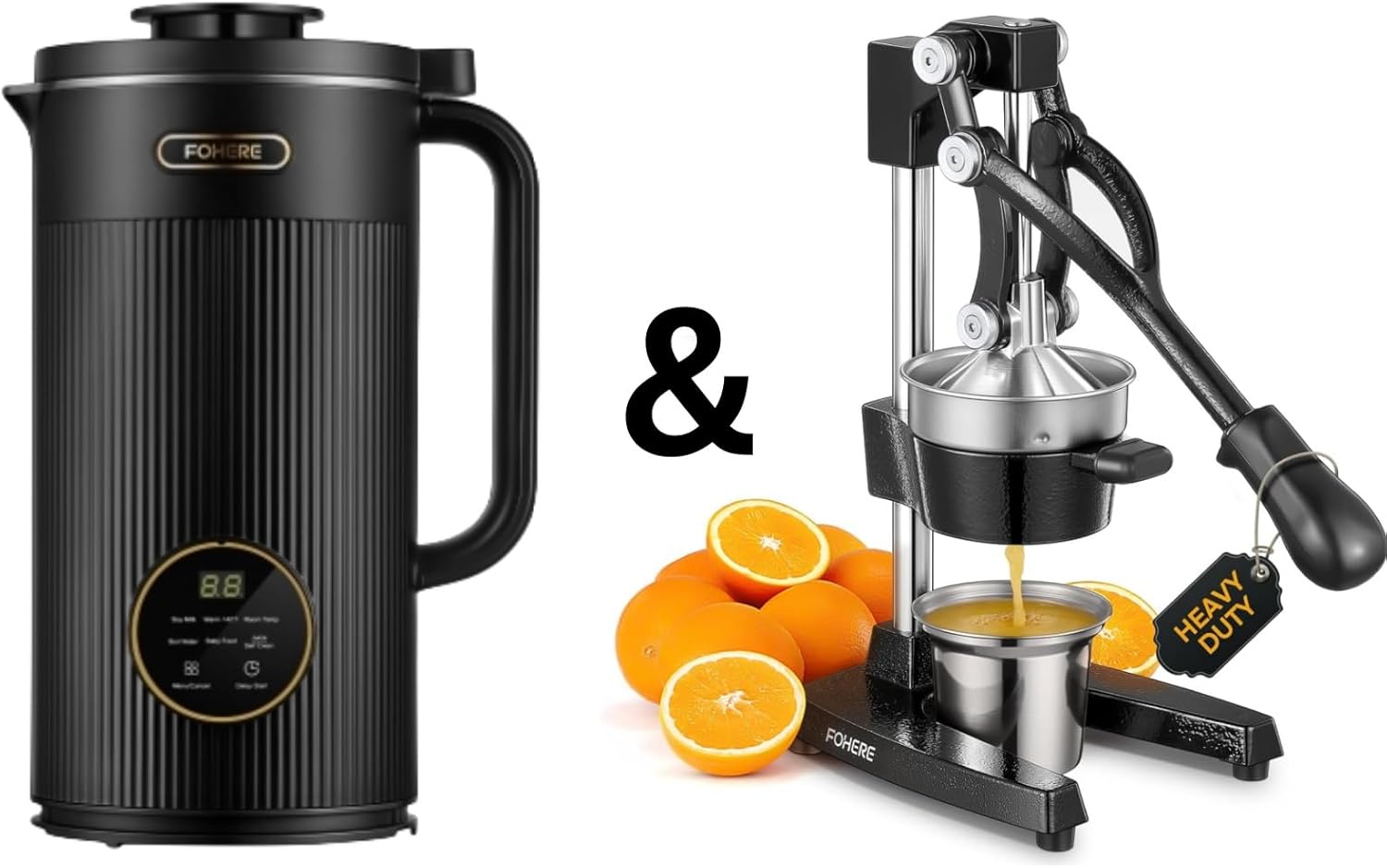 FOHERE Cast Iron Juicer Orange Manual Juicer & 35OZ Nut Milk Maker 800W Soy Milk Maker