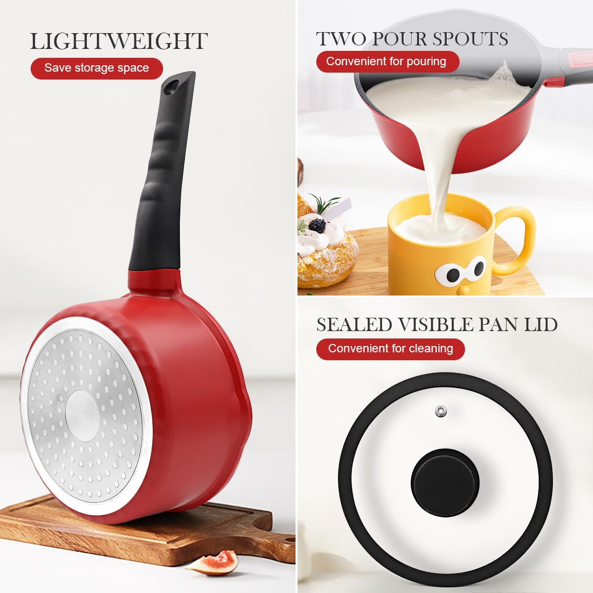 Kasserolle 20cm mit Deckel, 2.5L Antihaft-Stielkasserolle mit Abnehmbarer Griff, Milchtopf Geeignet für alle Herdarten, Ofenfest (Rot-Schwarz)