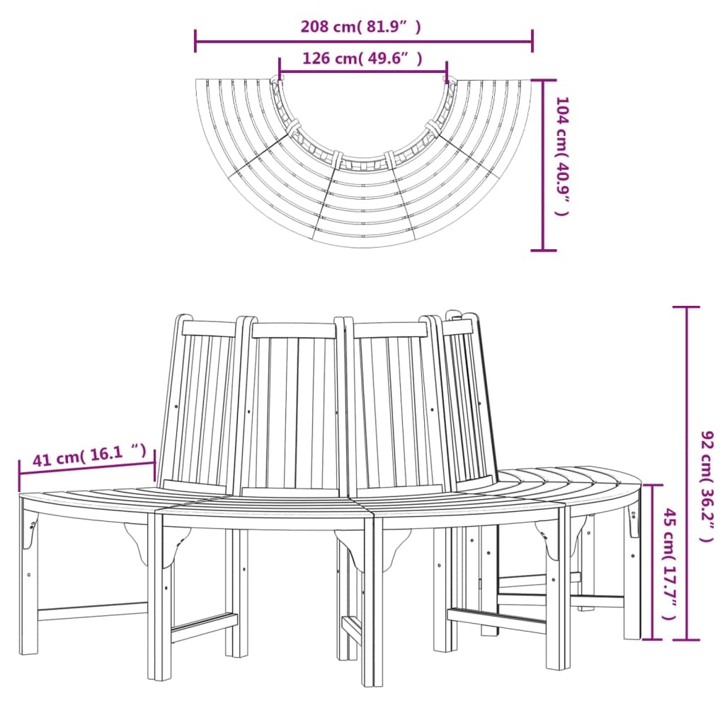 Ławka pod choinkę, półokrągła, z litego drewna eukaliptusowego, Ø 208 cm, z oparciem, do ogrodu, na taras, balkon, do użytku na zewnątrz, naturalna ławka parkowa