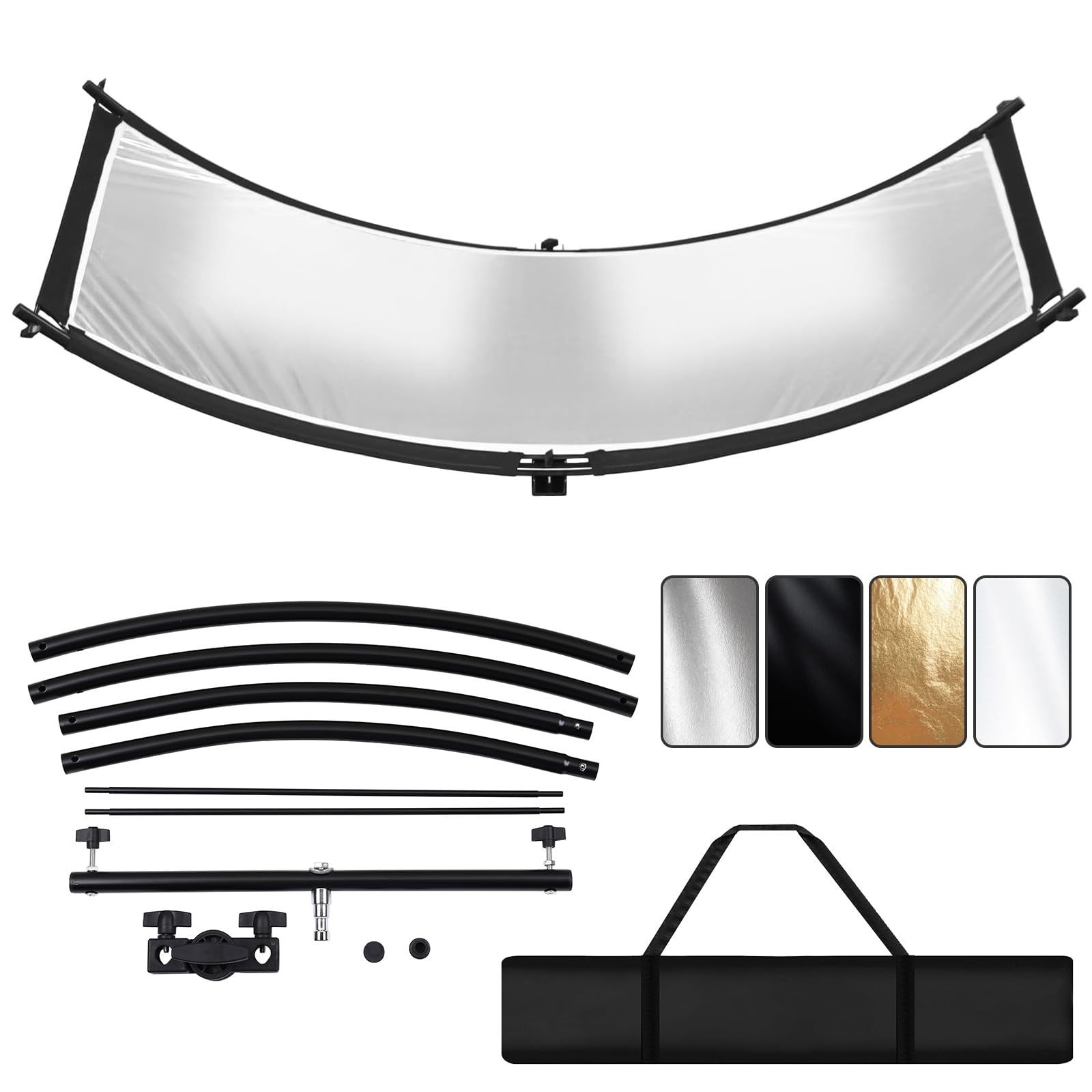 Clamshell Light Reflector/Diffuser with Carrying Case,70"X24" (4 Color in 1) Arclight Curved Eyelighter Lighting Diffuser for Photography Portrait Studio Video Shooting,Black/White/Gold/Silver