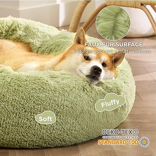 Image of Bedsure Calming Dog Bed Medium Size Dog Donut Washable Pet Bed,30ins Green | Fluffy Faux Fur Round Cuddler,Machine Washable,Anti-Slip Bottom,Anti-Anxiety,Deep Sleeping for Pets Up to 45 Lbs