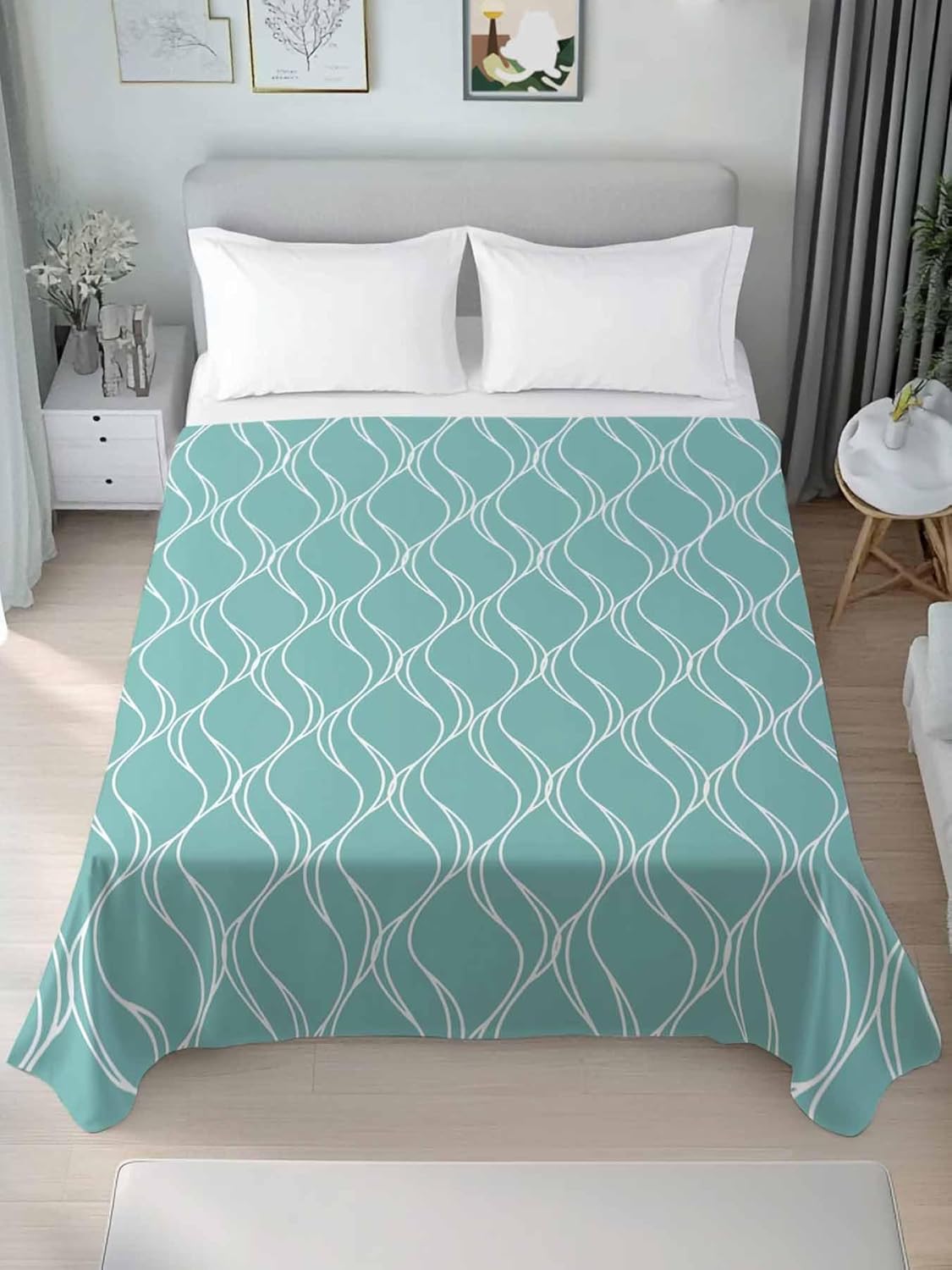 Top Sheet Full Bedding Flat Sheet Only, White Wave Stripe on Teal Microfiber Bed Sheets Soft Breathable Bedding Flat Sheets, Abstract Geometric Texture Hotel Luxury Top Sheets
