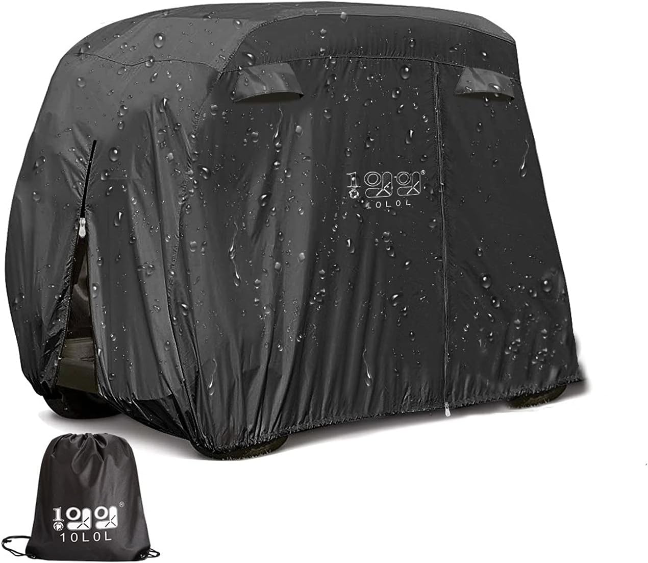 10L0L 500D Waterproof Golf Cart Cover Universal Fits for Club Car, E-Z GO, Yamaha and Most Brand 4 Passenger All-Weather Polyester Full Cover with Three Zipper Doors
