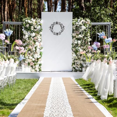 Preboun 3ft x 20 ft Natural Burlap Wedding Runner Aisle Outdoor for Wedding Ceremony Wide Aisle Runner with Lace Jute Rustic Burlap Decorations Outdoor Beach Garden Church
