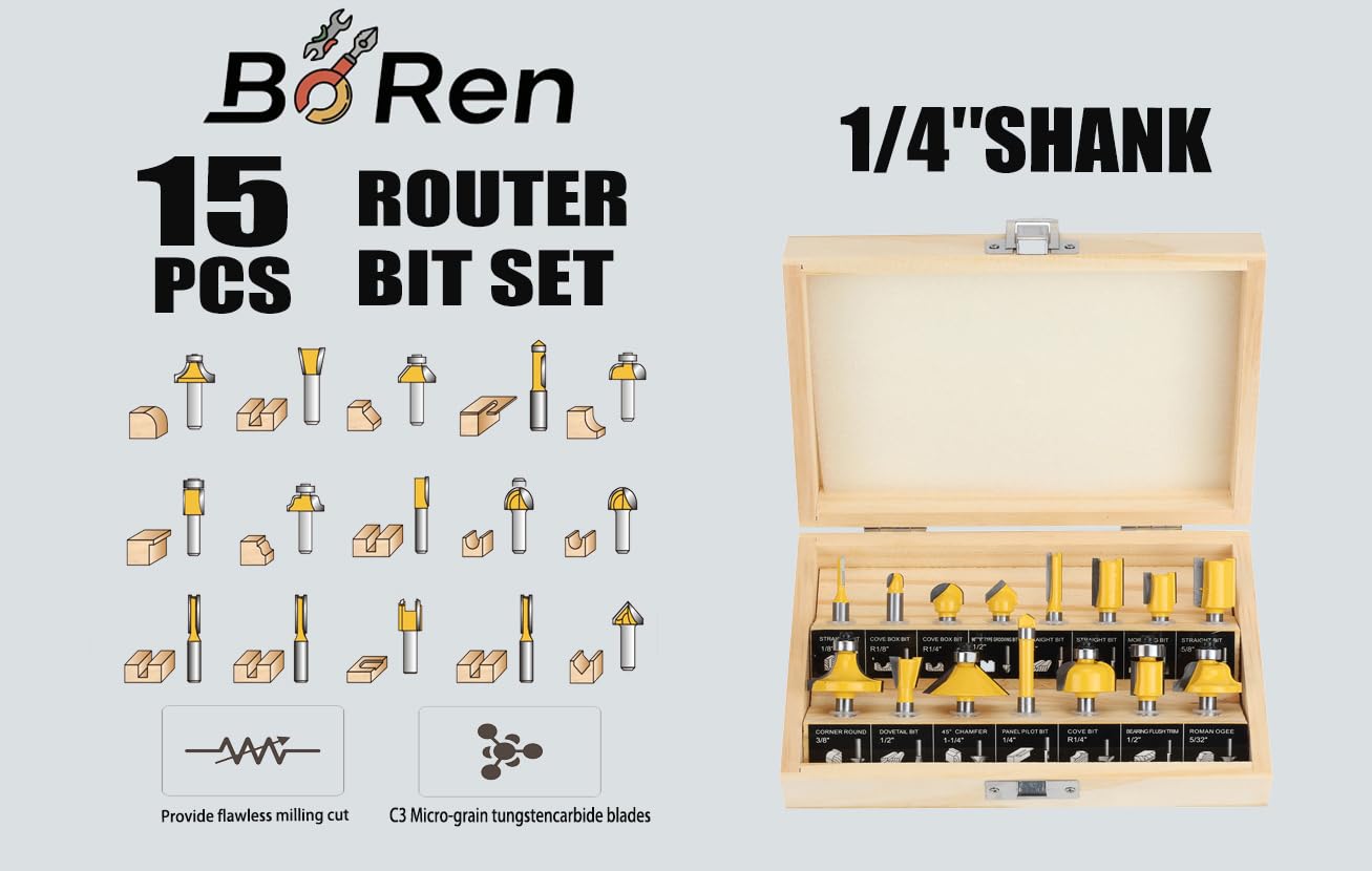 Boren 15Pieces Router Bits Set 1/4 Inch Shank Woodwork Tools，for Doors for Beginners Woodwork Tools，Tables,Shelves,Cabinets,DIY Woodwork.
