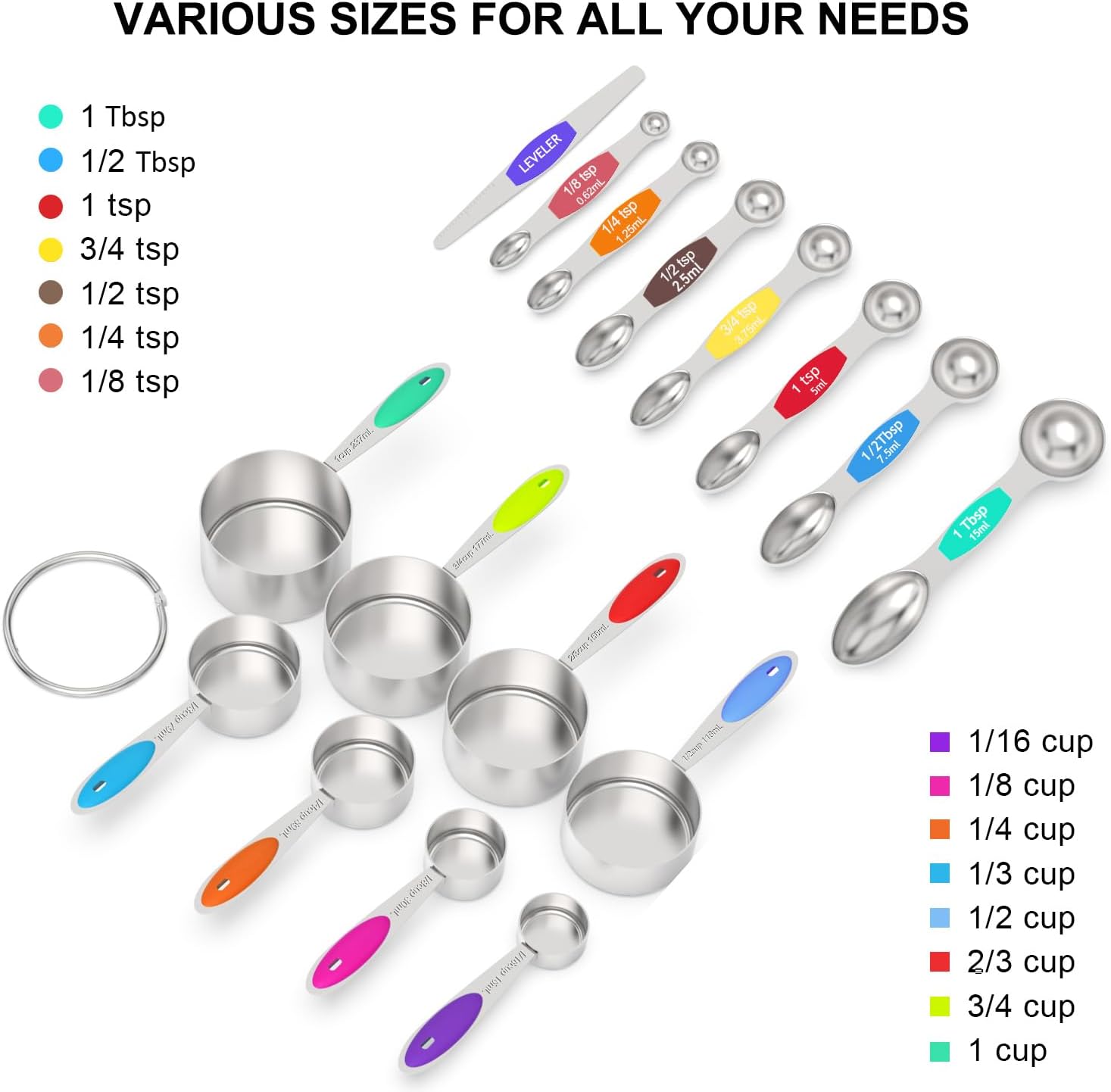 Measuring Cups and Magnetic Measuring Spoons Set, Wildone Stainless Steel 8 Measuring Cups, 7 Double Sided Stackable Magnetic Measuring Spoons, 1 Leveler & 5 Mini Spoons - 21 Piece Multicolor