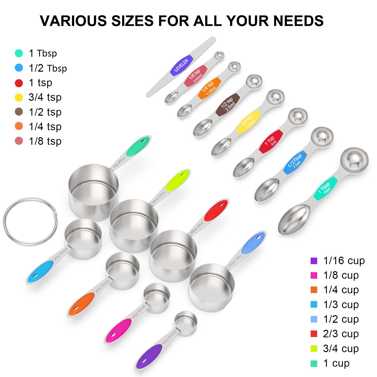 Wildone Messbecher und magnetisches Messlöffel-Set, Edelstahl, 8 Messbecher, 7 doppelseitige stapelbare magnetische Messlöffel, 1 Nivellierer und 5 Mini-Löffel – 21 Stück, mehrfarbig