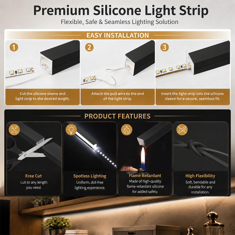 Profilo LED nero, 10 m, striscia LED in silicone flessibile, canale LED 12 × 12 mm, impermeabile IP65, tappi terminali e clip di montaggio, illuminazione al neon fai da te per soffitti