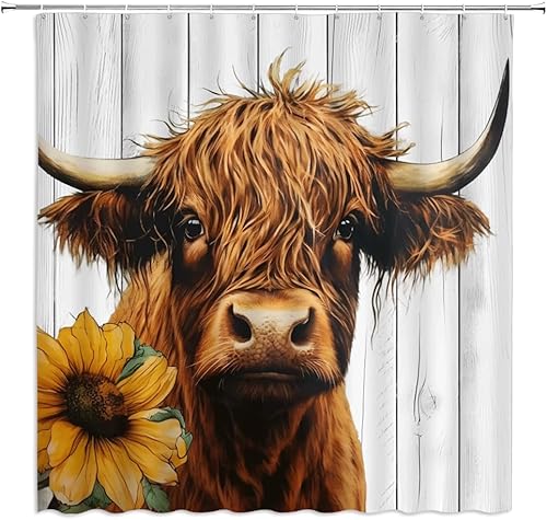 Miniatura 2 de BCNEW Cortina de ducha rústica de vaca de las tierras altas, divertida cortina de baño de estilo rústico con gancho