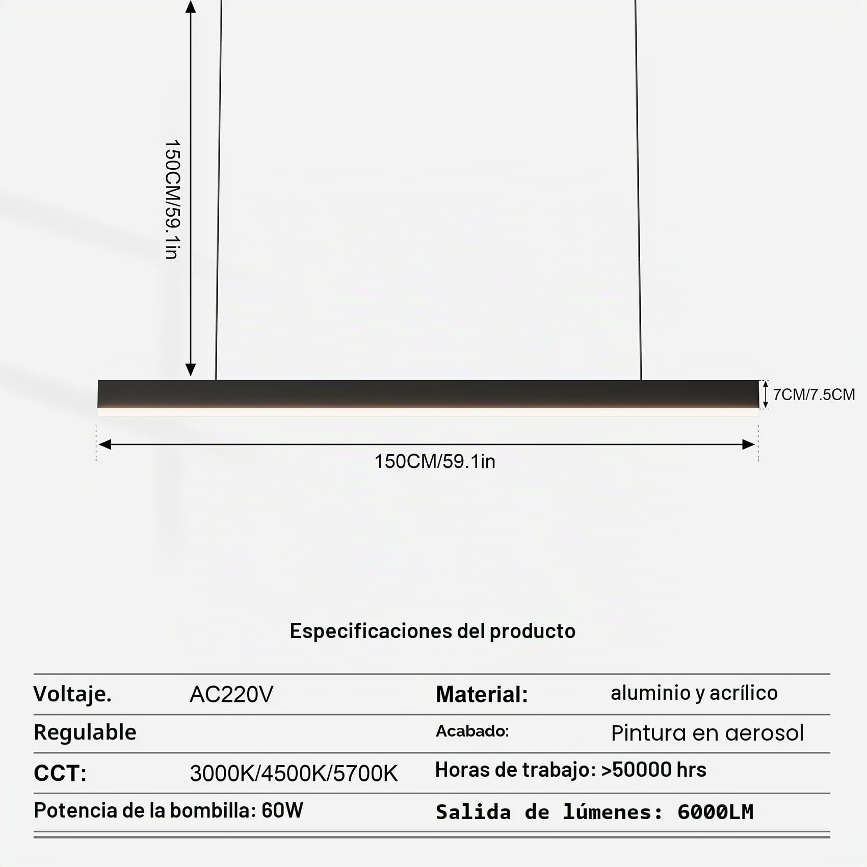Lámpara LED Lineal Colgante Moderna, 150cm (60W) / 120cm (36W), Luz de Techo para Oficina y Comedor, Iluminación Profesional (Negra,1500mm,5700K)