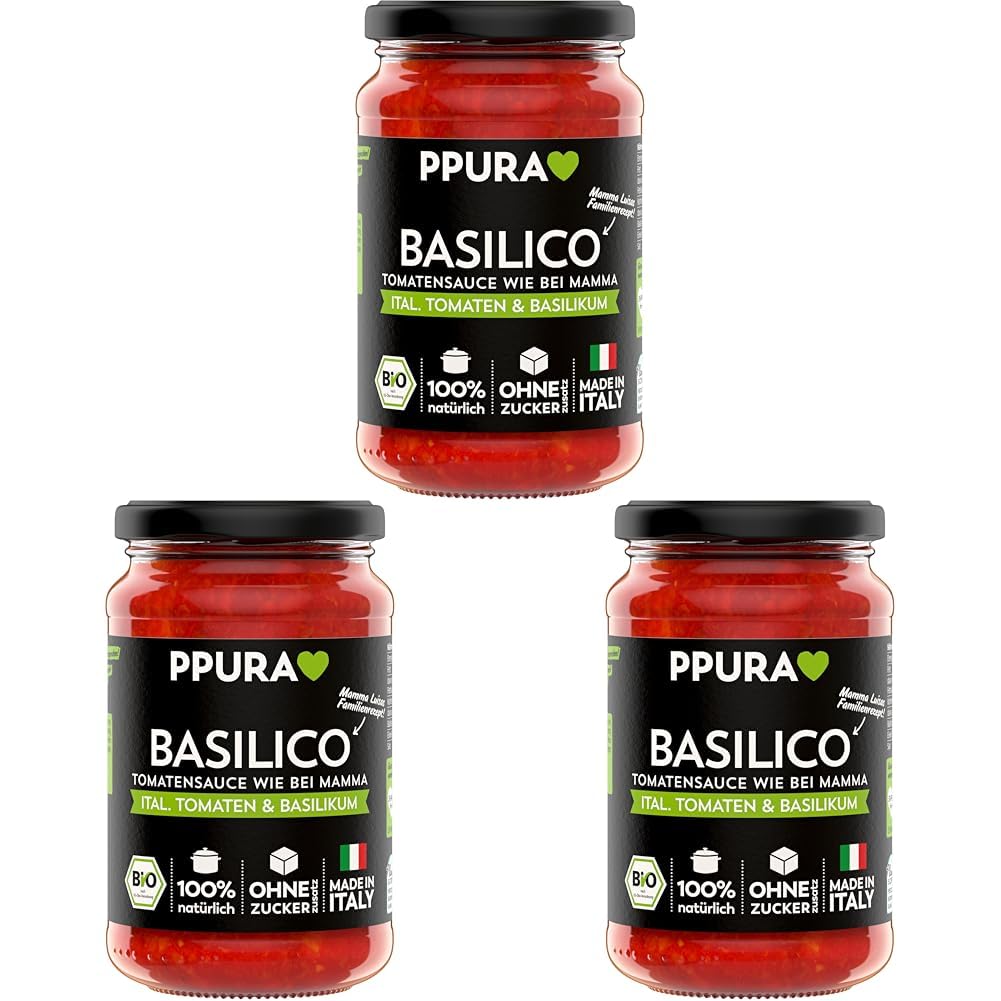 PPURA Bio Tomatensauce Basilico | Pasta-Sauce mit italieischem Basilikum | Sugo Made in Italy | 100% Natürlich | Nudel-Soße Vegan Zuckerzusatz & Konservierungsstoffe | 340g Glas (Packung mit 3)