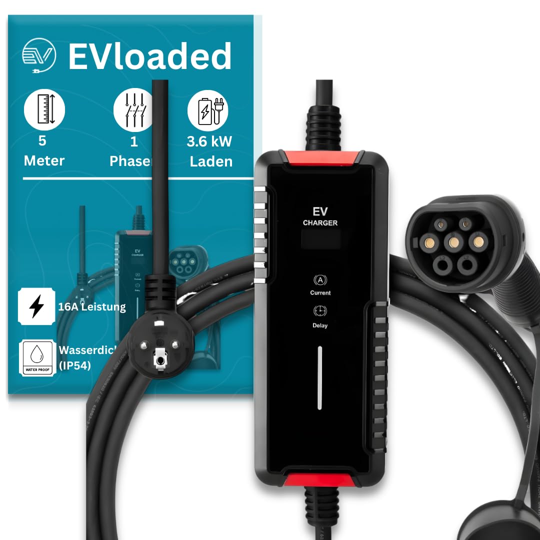 Tragbares Typ 2 Ladekabel 220V | 16A 1-Phasig 3.6kW, 5m| mit Display & Stromstärkenwahl | 5m Ladegerät mit Schutzfunktionen für Elektroautos | IP54 | EV Charging Cable mit Zeitfunktion