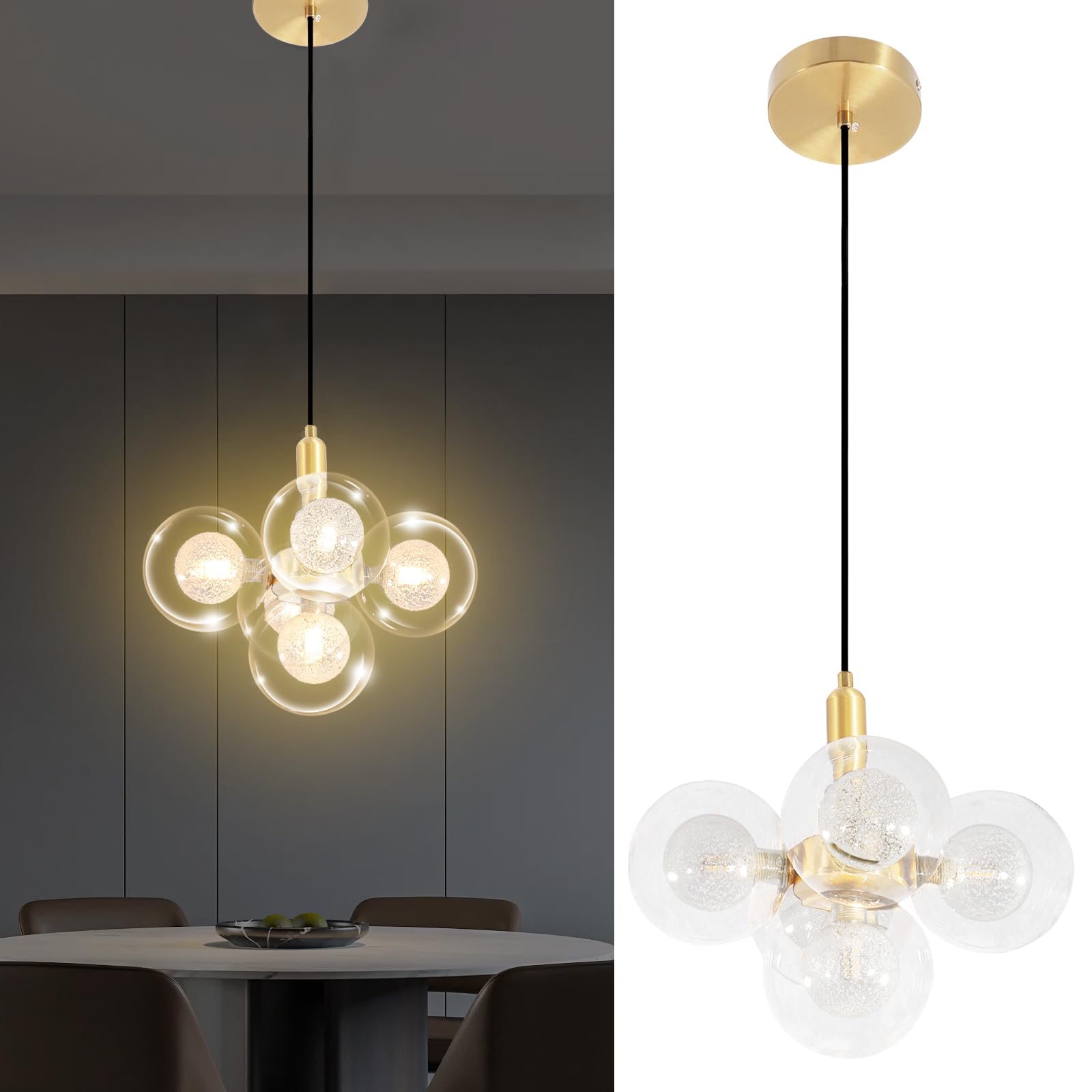 5 Lights Globe Gold Pendant Light for Kitchen Island, Clear Glass 4.7" Bubble Chandelier Lights, Modern Ball Hanging/Ceiling Lights, ETL, Adjustable Height for Dining Room Bedroom Hallway