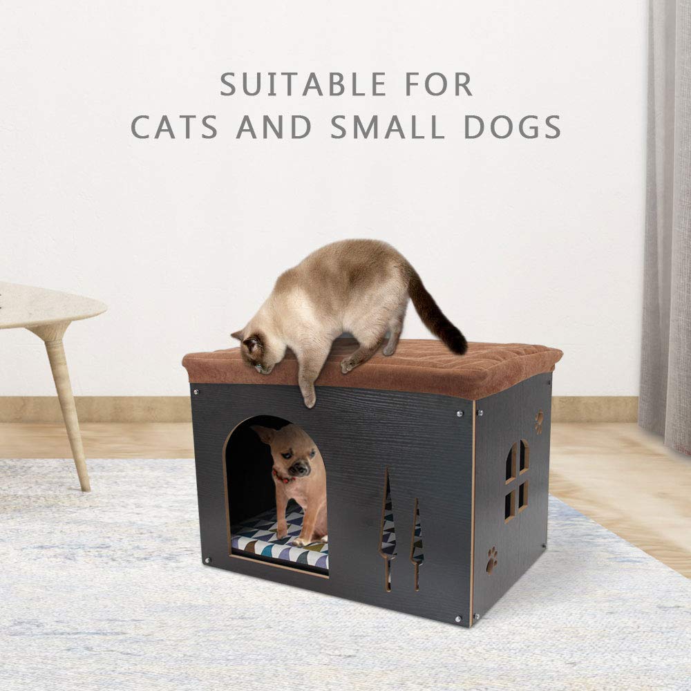 Niche pour Animal Domestique Interieur - Cube Niche en Bois, Lit Maison pour Chien Chat Pliable avec Tapis Gratuit, L