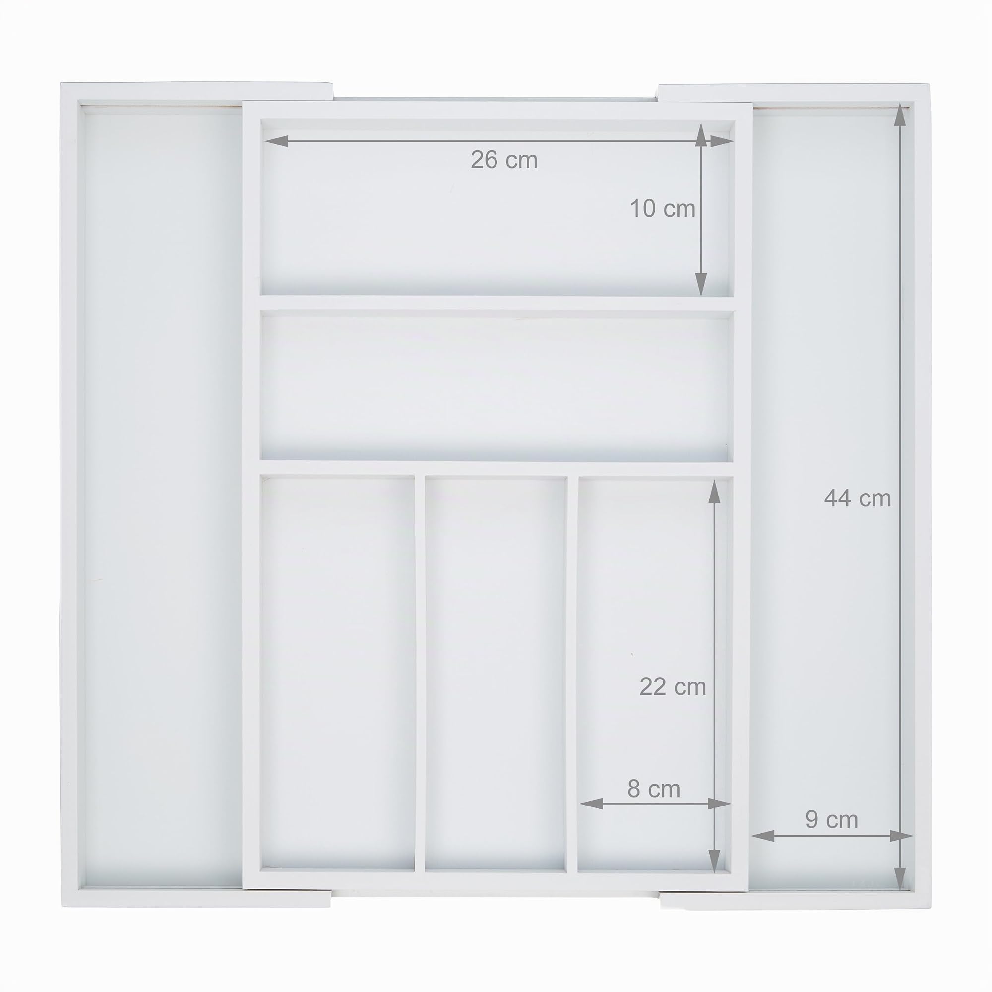Relaxdays Cubertero Cajón Extensible, Largo Variable, 5-7 Compartimentos, Organizador Cubiertos Bambú, 5x48x46cm, Blanco