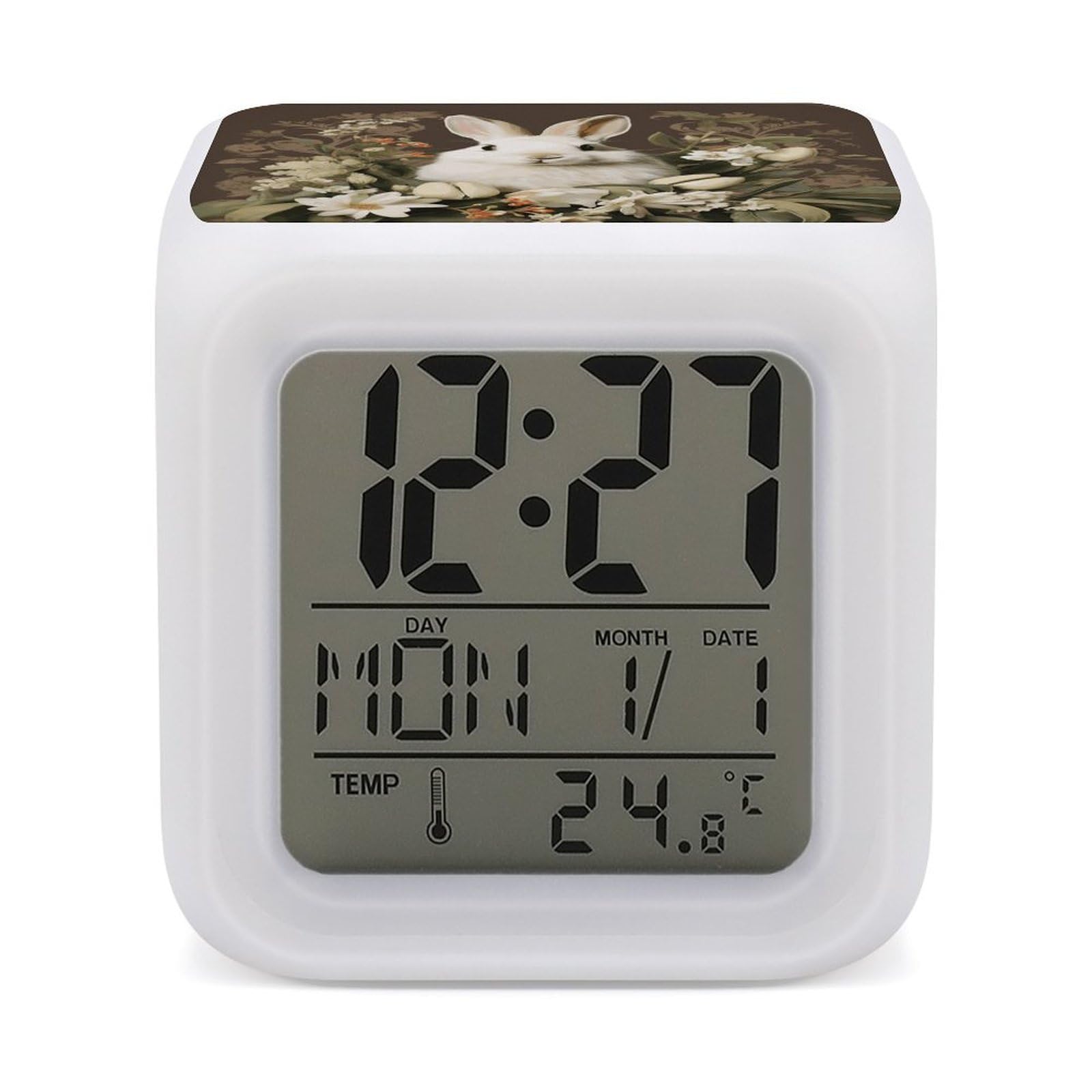 Reloj de mesa de conejo blanco con alarma y pantalla digital luminosa para regalos