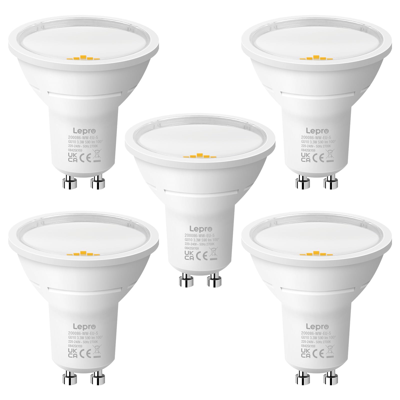 Lepro Warm White Gu10 Led Bulbs, 2700K, A Energy Class, 590Lm, 3.3W (50W Equivalent), 100° Wide Beam Angle, 50000H Long Life, Energy Saving Led Spotlight Bulb, Non-Dimmable, Pack Of 5