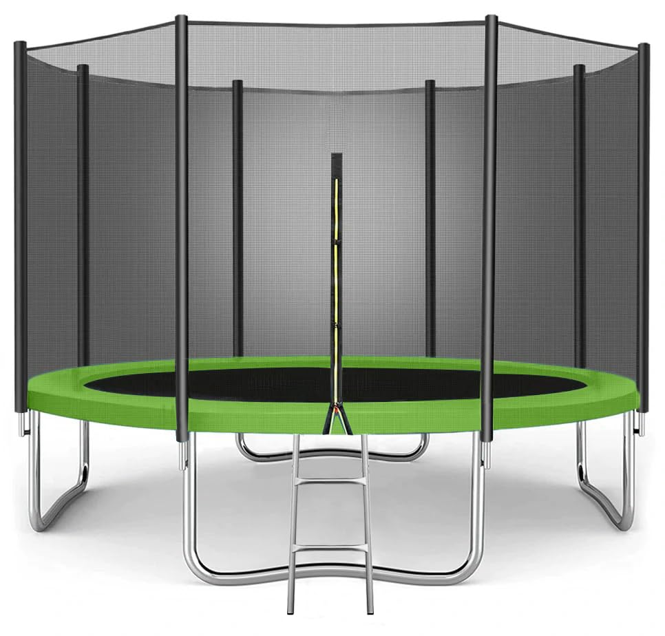 Trampoline for Kids - 6ft/8ft/10ft/12ft/14ft/16ft, Safety Enclosure Net, Ladder, Weatherproof Cover & Shoe Bag Included - Durable Outdoor Bouncing Fun (Green, 10ft)