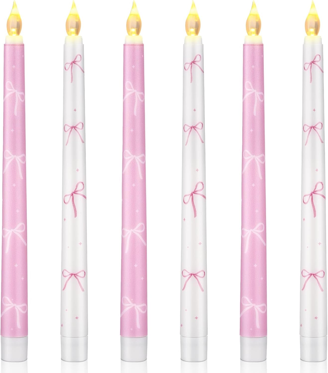 Conelist 6 Pcs Pink Bow Flameless Taper Candles 10.6 Inch Coquette LED Battery Operated Candles for Birthday Bridal Wedding Dinner Room Decor