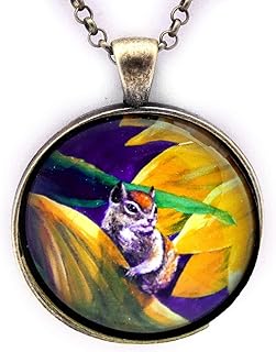 Chipmunk in Sunflowers Pendant Necklace Handmade Jewelry