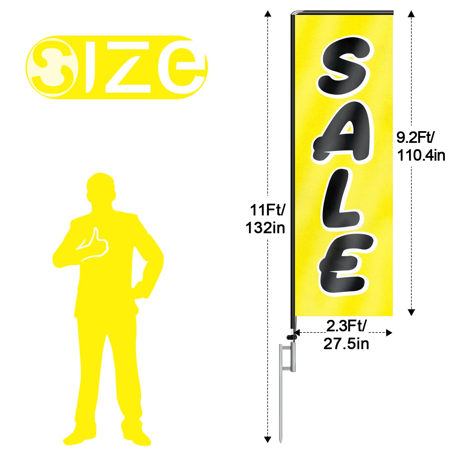Bandera rectangular de plumas con kit de mástil de bandera y estaca de tierra, bandera amarilla de 11 pies, bandera sin viento, para publicidad en interiores y exteriores