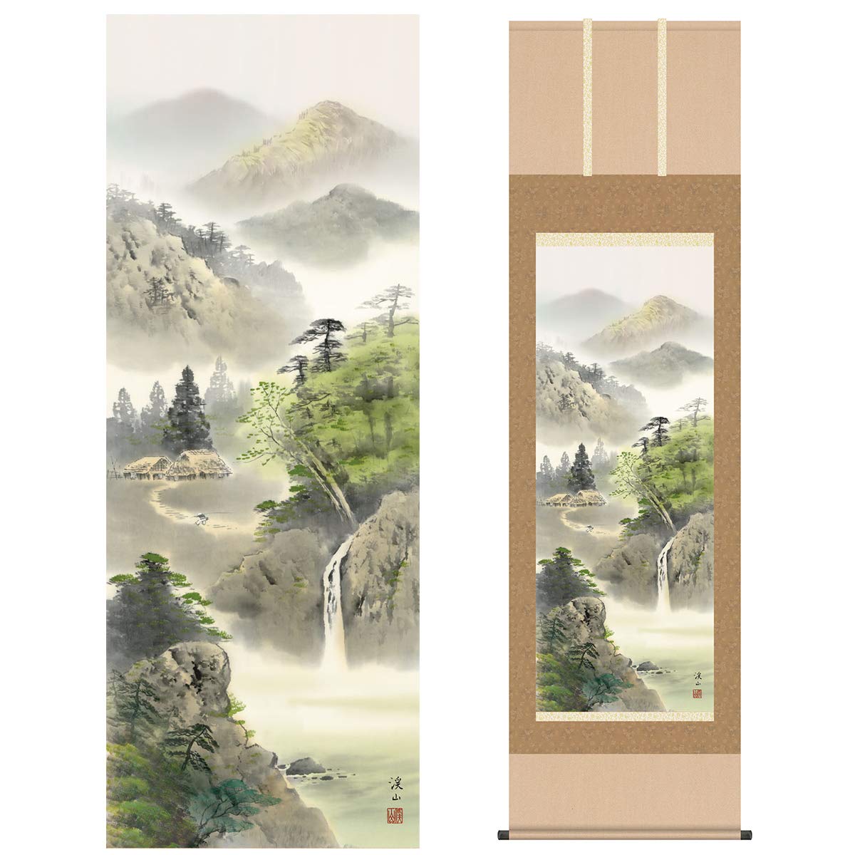 掛軸 山水画 掛軸 掛け軸-清風水明/伊藤渓山 山水画掛軸(尺五・桐箱・風鎮
